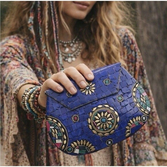 Ramla Handbags - Ramla Stunning Blue Mosaic Clutch Crossbody Bag With Gold Chain B12